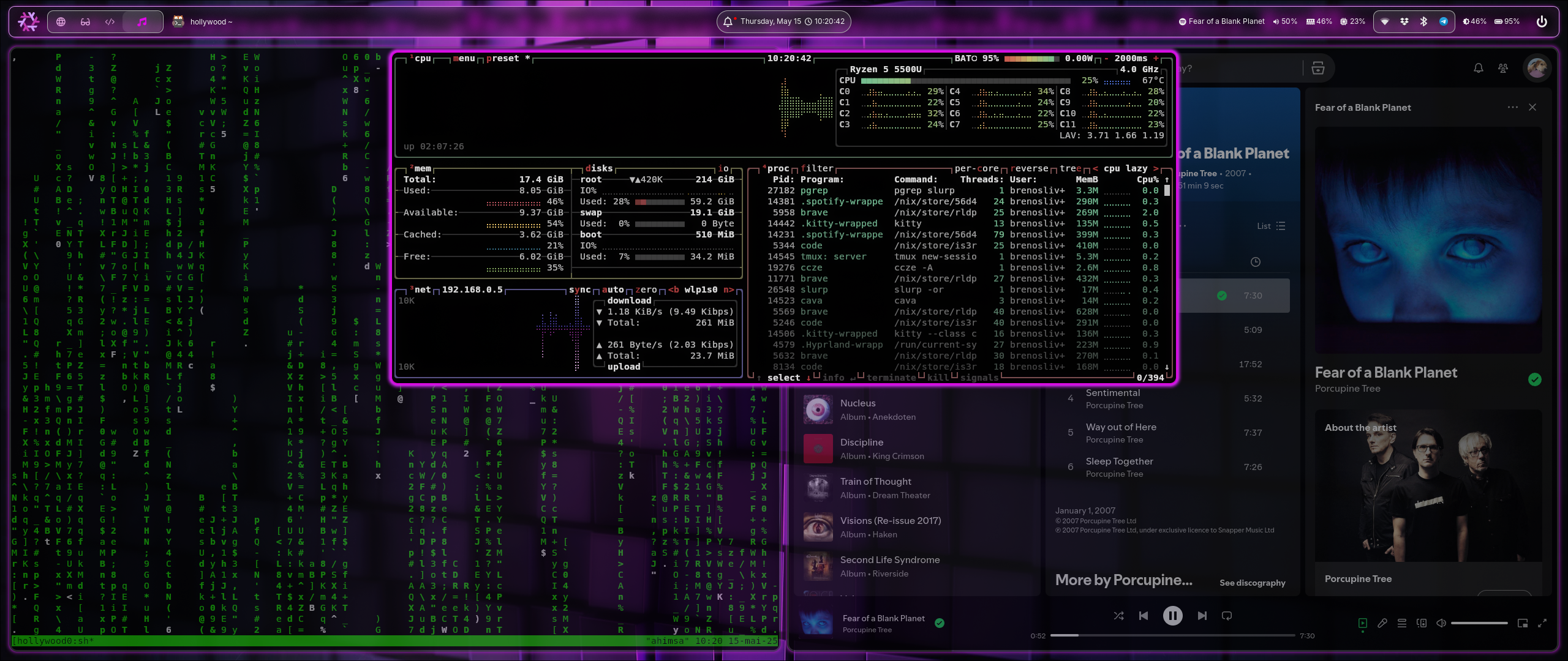 Breno's purple NixOS desktop running Hyprland
